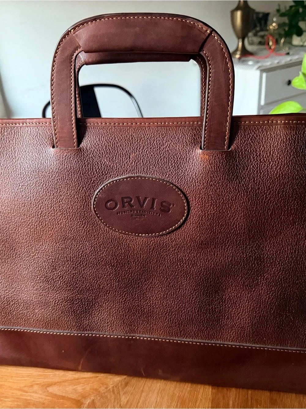 Orvis Rich Chestnut Brown Leather Briefcase with Stitched Oval Logo